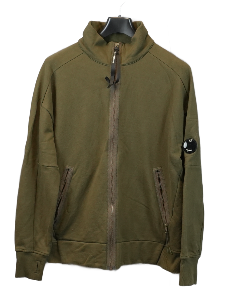 C.P Company full zip lens sweatshirt military green front view