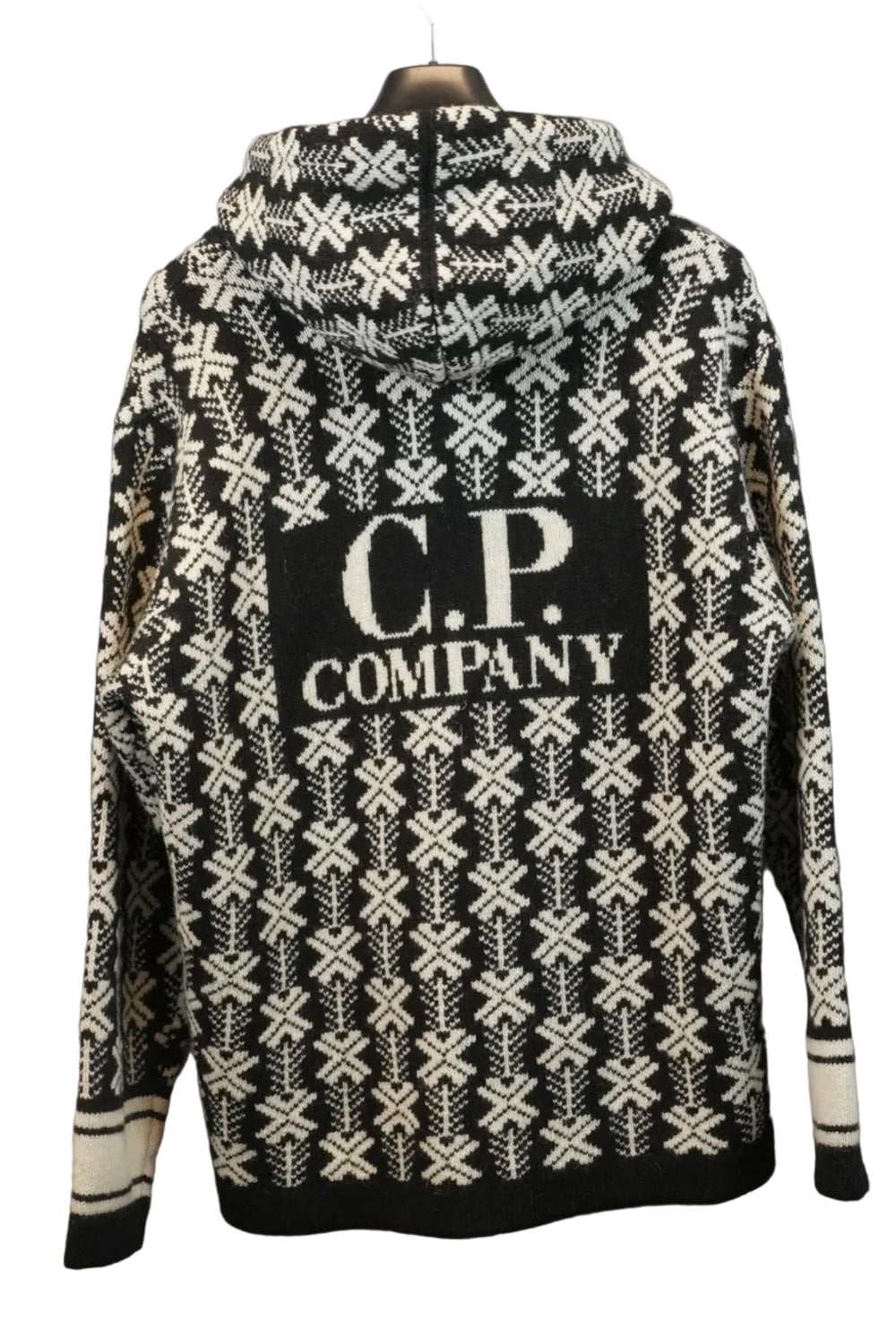 C.P Company Wool Jacquard Logo Hooded Knit Black And White