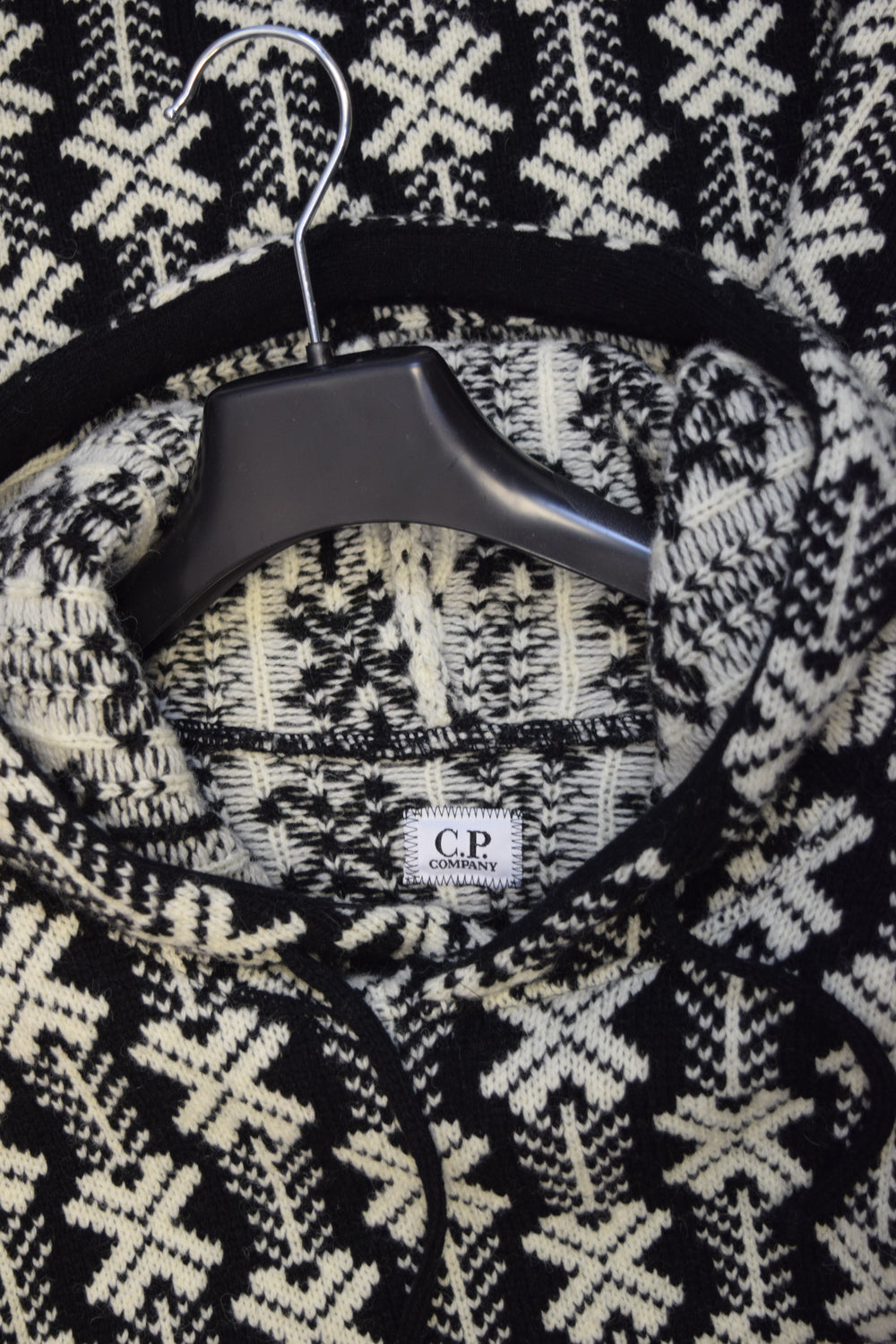 C.P Company Wool Jacquard Logo Hooded Knit Black And White