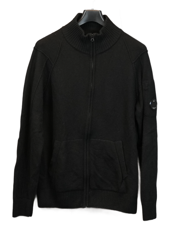 C.P. Company Full Zip Lense Knit Black front view