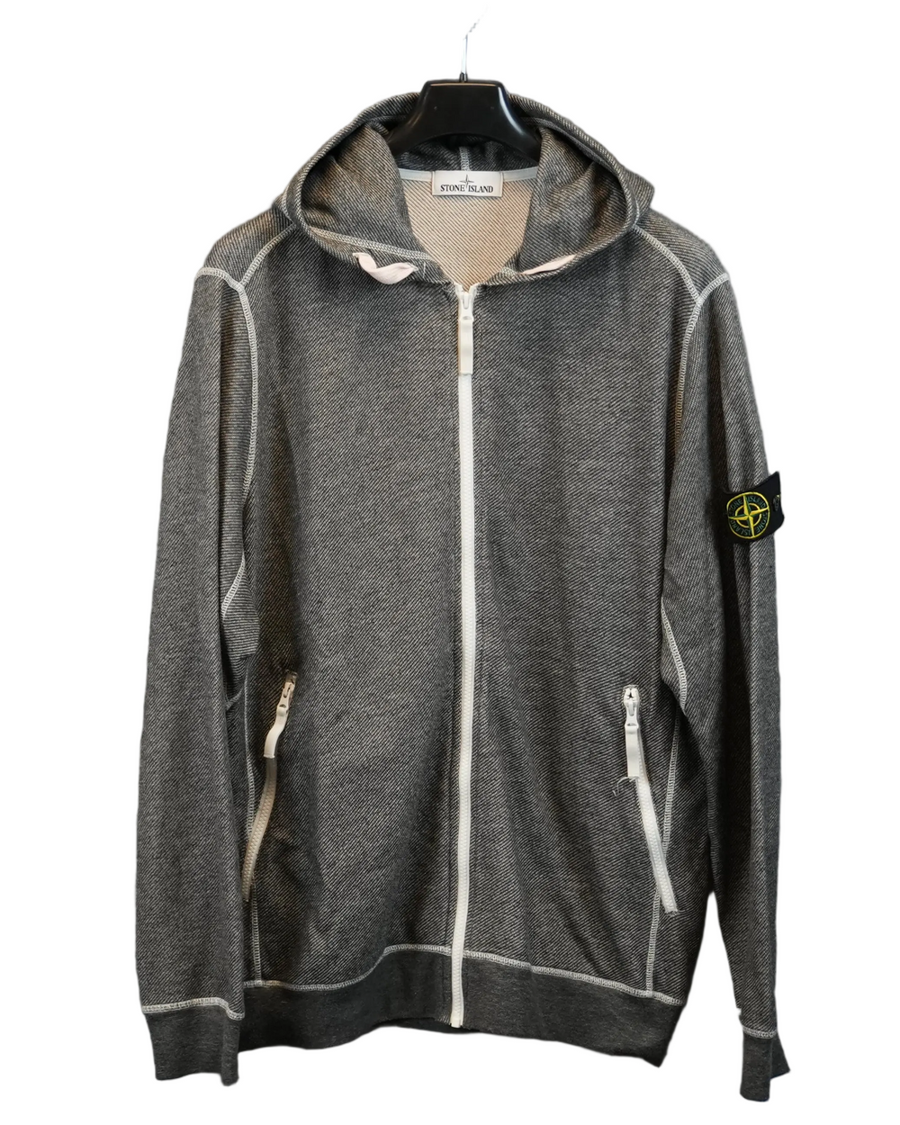 Stone Island Contrast Stich Full Zip Hoodie Grey front view