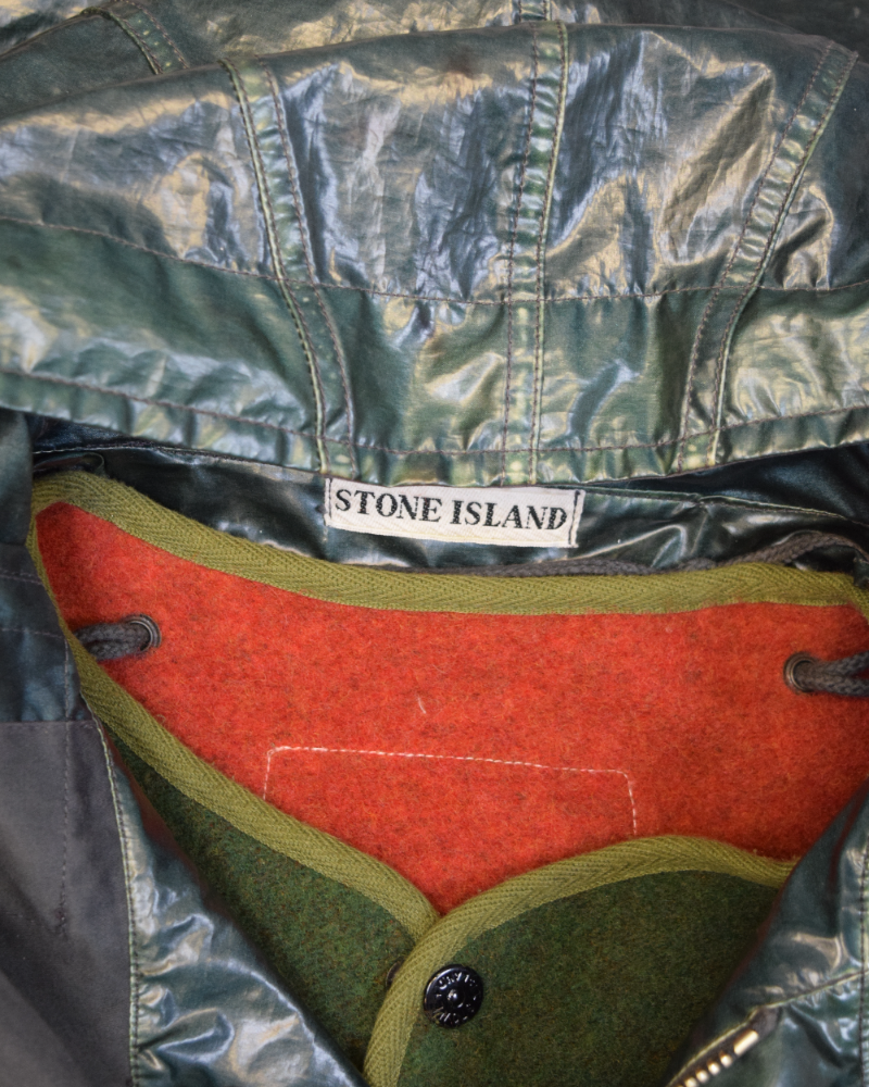 Stone island Vintage Glazed Silk 'Toffee Wrapper' chest pockets green detail view