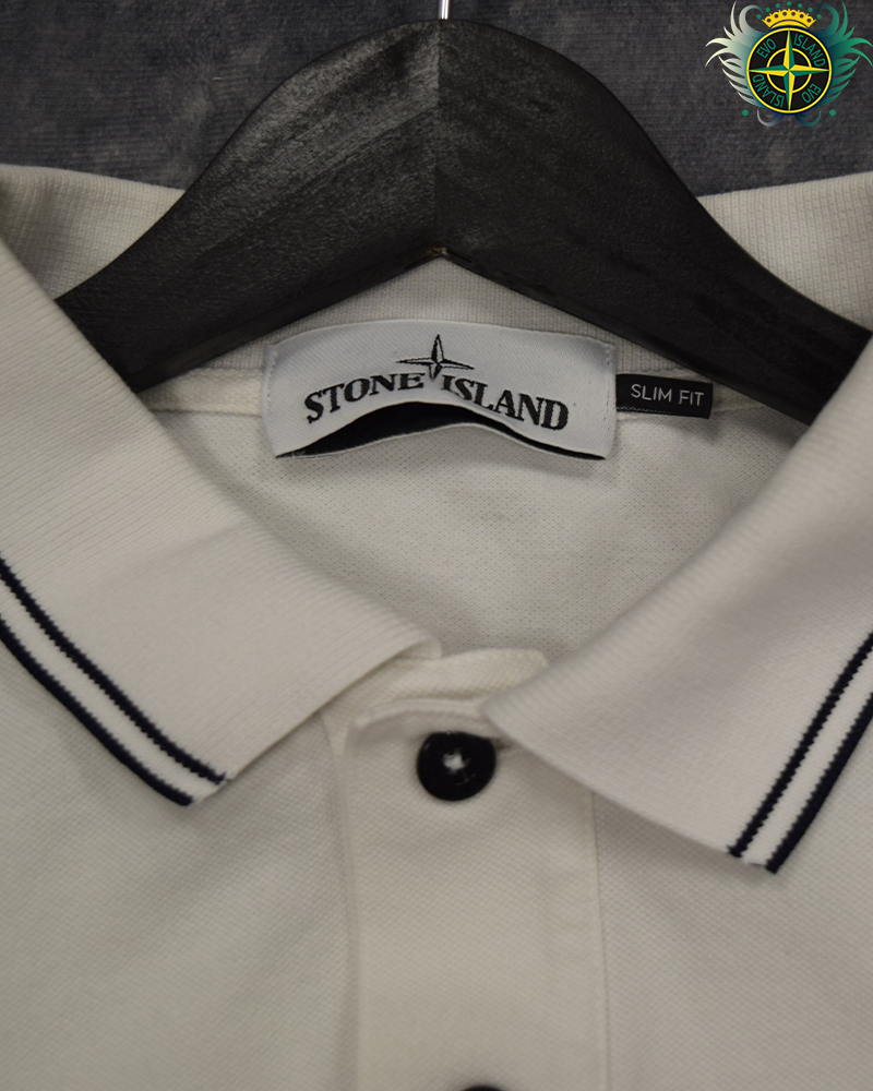 Stone Island Long Sleeved Compass Patch Polo Shirt White