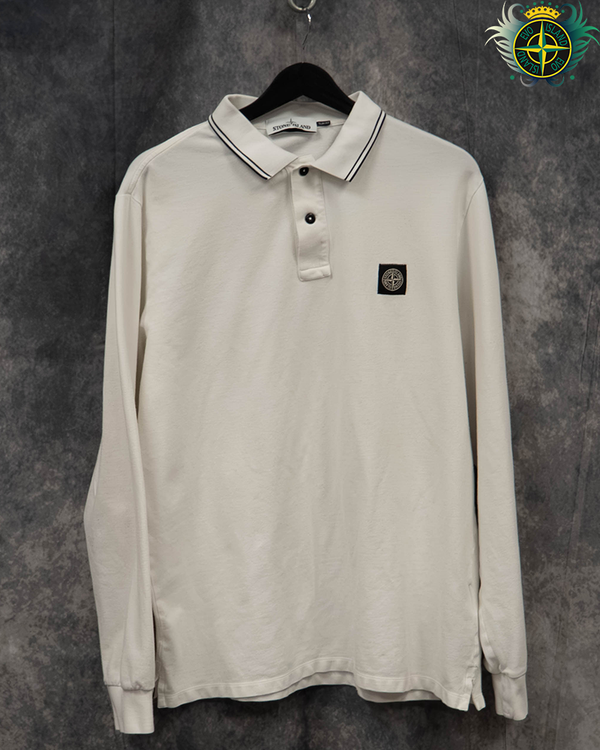 Stone Island Long Sleeved Compass Patch Polo Shirt White