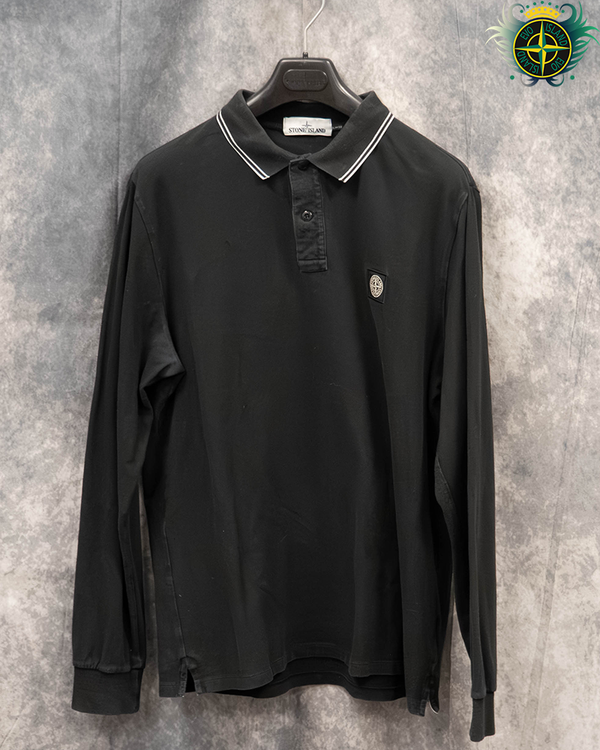 Stone Island Long Sleeved Compass Patch Polo Shirt Black