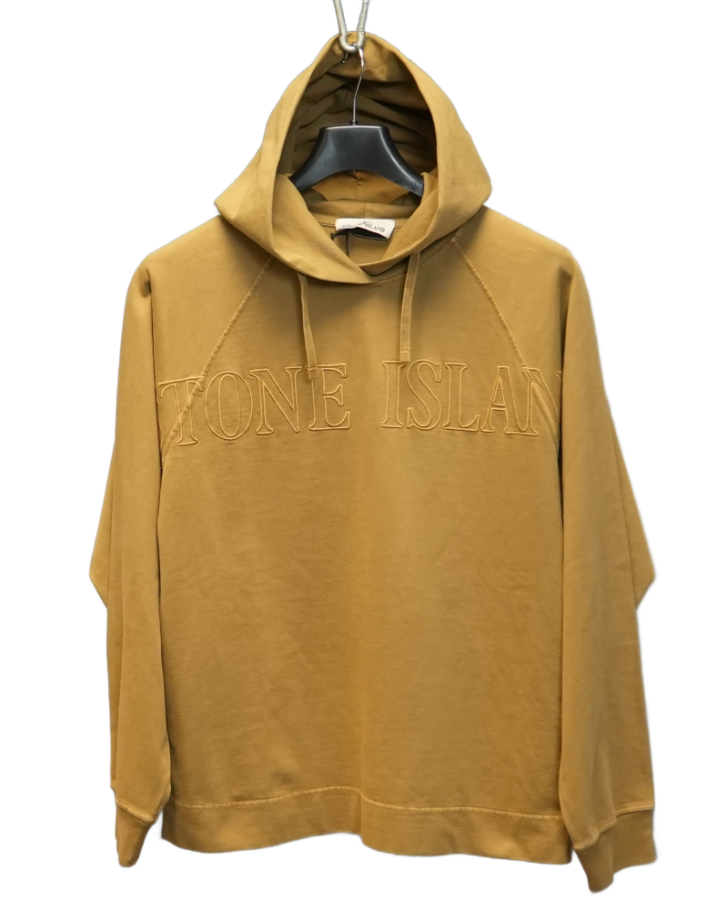 Stone Island Embroidered Spell Out Hoodie Mustard front view