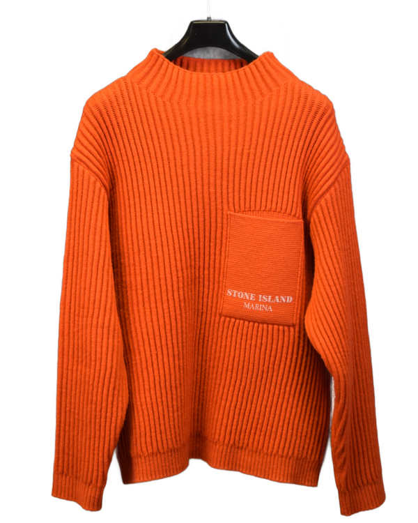 Stone Island Marina Patch Project Mock Neck Knit Sweater Orange front view